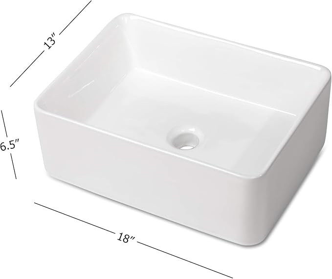 Rectangular Vessel Sink - 18" x 13" Modern Bathroom Vessel Sink White Porcelain Ceramic Rectangle Above Counter Vessel Vanity Sink Art Basin