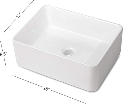 Rectangular Vessel Sink - 18" x 13" Modern Bathroom Vessel Sink White Porcelain Ceramic Rectangle Above Counter Vessel Vanity Sink Art Basin