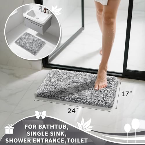 Yimobra Chenille Bathroom Rugs Non Slip, Extra Thick Soft Absorbent Bath Rug, Machine Washable Quick Dry Bath Mat for Bathroom Floor, Tub and Shower, Home Decor Accessories, 24x17, Light Grey