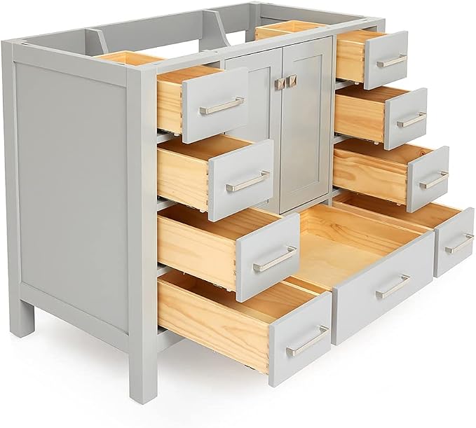 ARIEL Cambridge 48-inch Bathroom Vanity Base Cabinet,Solid Wood, 2 Soft Closing Doors, 9 Dovetail Drawers, Grey