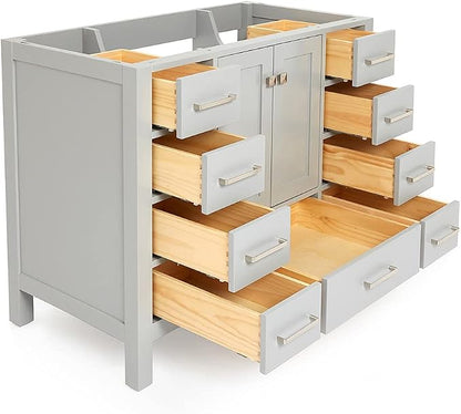 ARIEL Cambridge 48-inch Bathroom Vanity Base Cabinet,Solid Wood, 2 Soft Closing Doors, 9 Dovetail Drawers, Grey