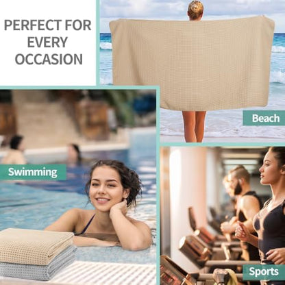 Microfiber Waffle Bath Towels, 4 Pieces, Soft, Absorbent, Fast Drying, Lint Free 430 GSM (27''x55''/68.58 cm x139.7 cm) (Beige+Silver)