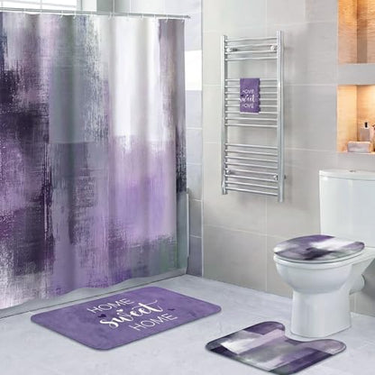 Honoson 8 Pcs Purple Shower Curtain Set, Purple and Grey Bathroom Decor