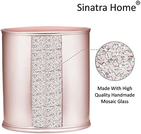 Zahari Home 2pc Sinatra Modern Bath Accessories Set Waste Basket & Tissue Box Modern Decorative Beautiful Designs Bathroom Decor Set for Home Blush Bathroom Set Mosaic Glass
