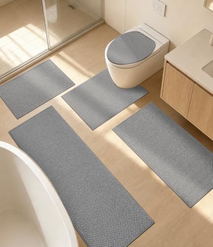 YIHOUSE Light Grey Bathroom Rugs Sets 5 Pieces,Thin Bath Mat Quick Dry