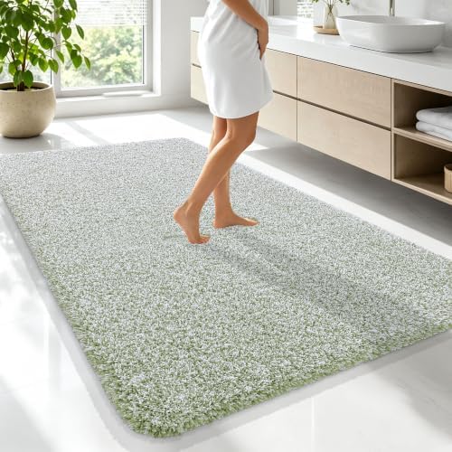 OLANLY Microfiber Bathroom Rugs 70x46, Quick Dry Mat, Sage Green and White