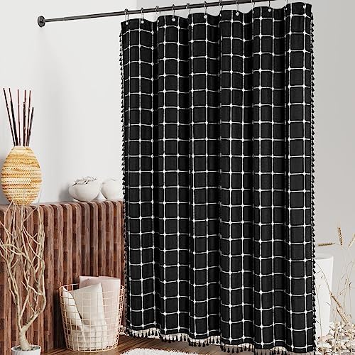 Boho Farmhouse Classic Plaid Linen Tassel Shower Curtain Black,72x72
