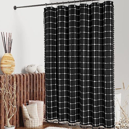 Boho Farmhouse Classic Plaid Linen Tassel Shower Curtain Black,72x84