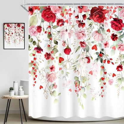 Mother Day Women Red Pink Rose Bathroom Shower Curtain Set
