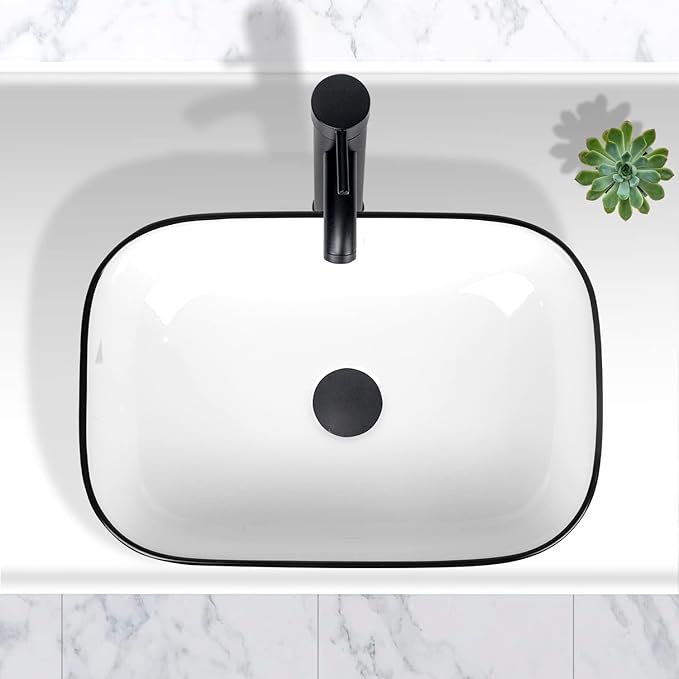 Bathroom Vessel Sink with Faucet Combo, 18" x 13" White Ceramic Above Counter Basin with Black Rim, Modern Rectangular Porcelain Vanity Sink & Pop-Up Drain for Lavatory