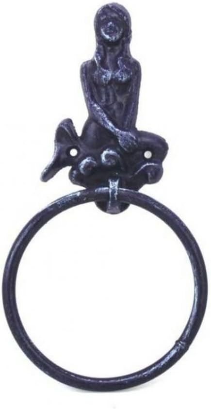 Handcrafted Nautical Decor Rustic Dark Blue Cast Iron Mermaid Towel Holder 8.5" - Cast Iron Decoration - A