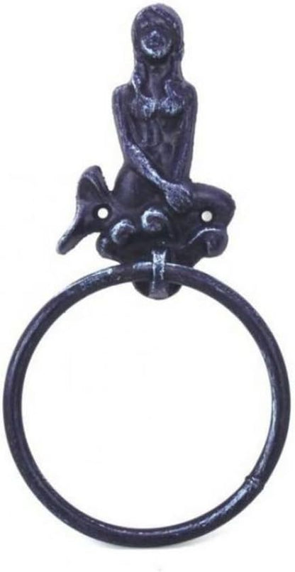 Handcrafted Nautical Decor Rustic Dark Blue Cast Iron Mermaid Towel Holder 8.5" - Cast Iron Decoration - A