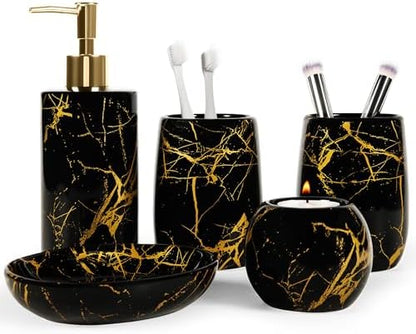 Ceramic Bathroom Accessory Set, 5-Piece Bathroom Accessory Set, Soap Dish, Toothbrush Holder, Soap Dispenser, Bathroom Tumbler & Candle Holder - Modern Bathroom Organizer, (Black & Gold)