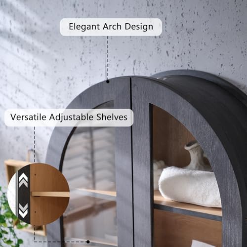 Bathroom Arched Wall Cabinet, 23.5'' Wide Medicine Cabinet, Wall Mount with Glass Doors & Adjustable Shelves, Over the Toilet Storage Cabinet for Laundry Room, Bedroom, Kitchen, Grey Black