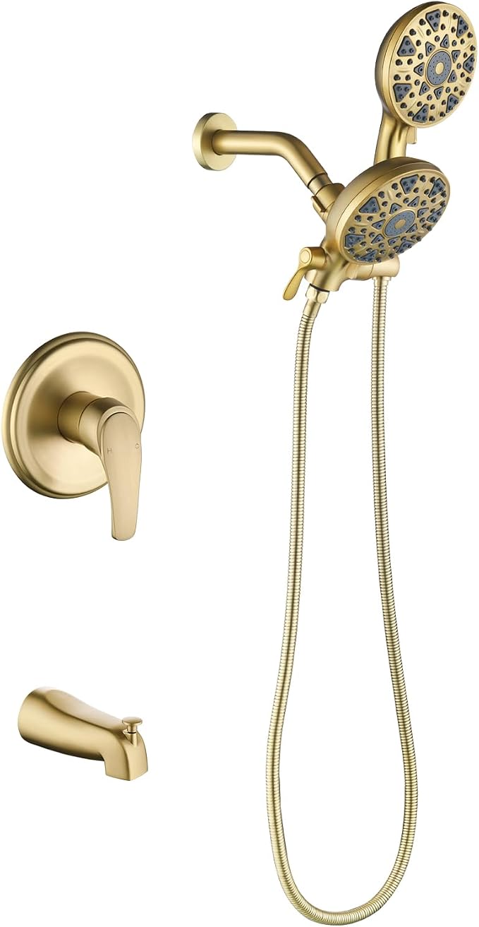 Tub and Shower Faucet Set Complete Dual Shower Head and Handheld 2 in 1 Combo Set Shower System with Tub Spout Tub and Shower Trim Kit Brushed Gold