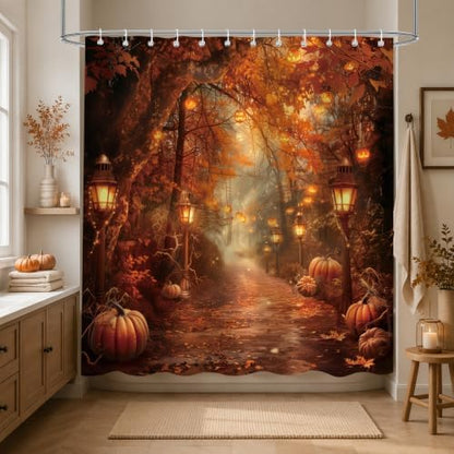 Fall Pumpkins Shower Curtain，Halloween Autumn Thanksgiving Harvest Forest Rural Trail Bathroom Decor，72 x 84 Inch Polyester Fabric Waterproof Bathroom Curtain with Hooks