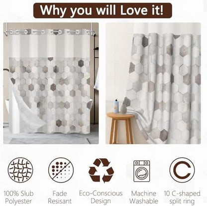 No Hook Geometric Shower Curtain with Snap in Liner 71x74 Inch