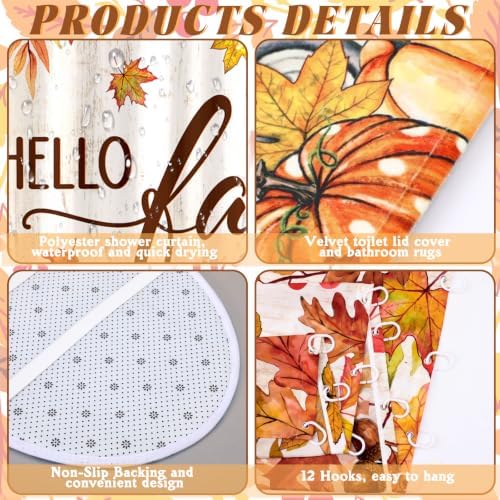 FuWeave 8 Pcs Fall Shower Curtain Set, Farmhouse Pumpkin Maple Leaf Bathroom Decor, Non-Slip Bath Rug, U Mat, Toilet Lid Cover, Hand Towels & 12 Hooks, Autumn Thanksgiving Harvest Home Decor