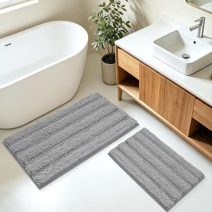 Striped Light Grey Bathroom Rug Mat Set 2 piece 32"x20"+24"x17" Ultra Soft, Non Slip Chenille Bath Rugs, Absorbent Plush Shaggy Bath Mats for Bathroom, Bedroom, Kitchen, Shower, Tub,Light Gray