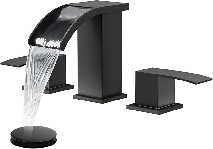 gotonovo Waterfall Bathroom Faucet 3 Hole Square Body,Oil Rubbed Bronze | SUS304 8’’ Widespread Bathroom Sink Faucet,2.17’’ Wide Spout,24’’ cUPC Hose,Pop Up Drain,2 Handle,Vanity,Lavatory,Basin,RV