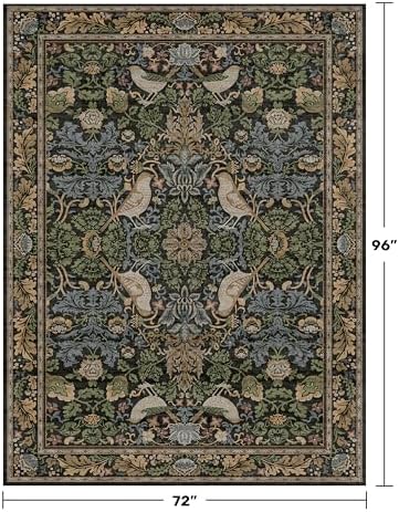 Washable Living Room Rug 6x8 - Green Floral Nature Rugs for Bedroom, Office, Dining Room Kitchen Table Rug for Under Table, Non-Slip Stain Resistant Low Pile Throw Carpet Indoor Door Mat