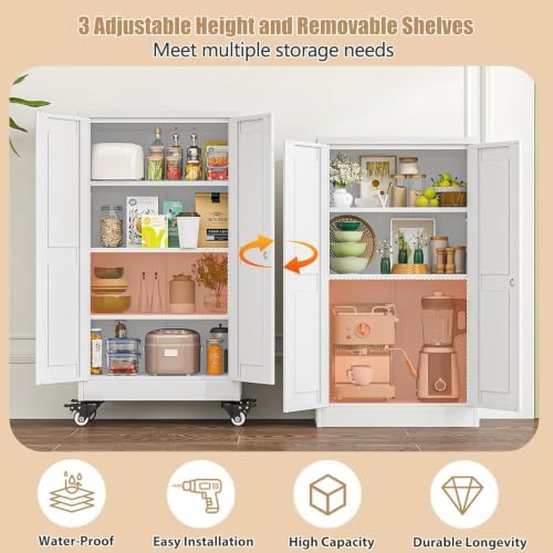47" Metal Garage Storage Locker Cabinet with Wheels,Rolling White Kitchen Pantry Cabinet with 2 Doors and 3 Adjustable Shelves, Steel File Tool Cabinet for Home Office Living Dinning Room Warehouse