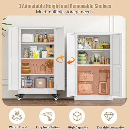 47" Metal Garage Storage Locker Cabinet with Wheels,Rolling White Kitchen Pantry Cabinet with 2 Doors and 3 Adjustable Shelves, Steel File Tool Cabinet for Home Office Living Dinning Room Warehouse