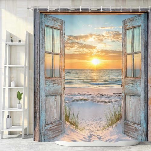 Beach Coastal Shower Curtain, Ocean Barn Door Nautical Sunrise Seaside Seascape Wave Decor Bath Curtains, Rustic Wood Teal Turquoise Bathroom Accessories Fabric Waterproof with Hooks, 72X72in