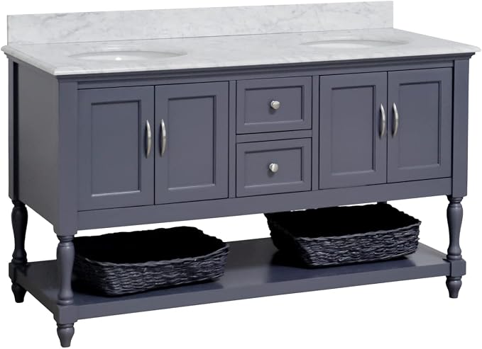 Beverly 60-inch Double Bathroom Vanity (Marine Gray/Carrara): Includes Marine Gray Cabinet with Authentic Italian Carrara Marble Countertop and White Ceramic Sinks