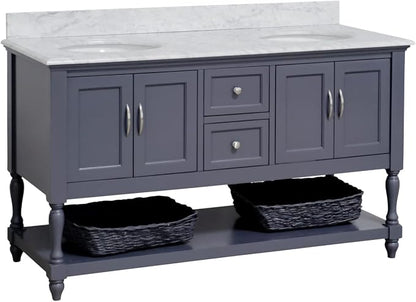 Beverly 60-inch Double Bathroom Vanity (Marine Gray/Carrara): Includes Marine Gray Cabinet with Authentic Italian Carrara Marble Countertop and White Ceramic Sinks