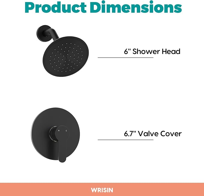 Black Shower Faucet Set with Valve, Black Shower Head and Handle Set 6 Inch Showerhead