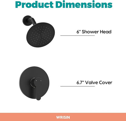 Black Shower Faucet Set with Valve, Black Shower Head and Handle Set 6 Inch Showerhead
