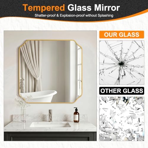 Delma Bathroom Vanity Mirror, Black Framed Aluminum Bathroom Mirror for Over Sink, Scalloped Round Corner Wall Mirror, High-Definition Vanity Mirror, Hangs Horizontally or Vertically (30x30,Gold)