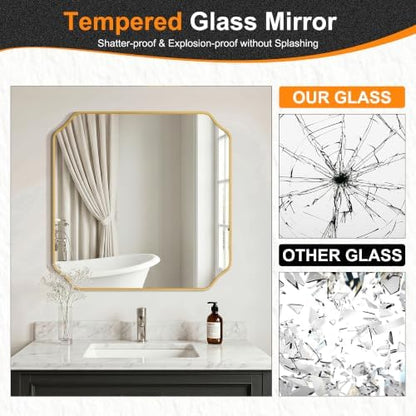 Delma Bathroom Vanity Mirror, Black Framed Aluminum Bathroom Mirror for Over Sink, Scalloped Round Corner Wall Mirror, High-Definition Vanity Mirror, Hangs Horizontally or Vertically (30x30,Gold)