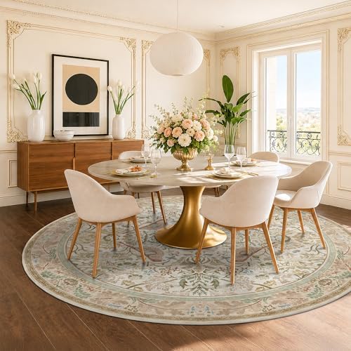 Vintage Beige 8ft Round Rug for Dining Room Under Kitchen Table - Large Floral Circle Area Rug for Bedroom, Living Room, Washable Low Pile Non Slip, Ultra Soft Beige Taupe Botanical & Bird Pattern