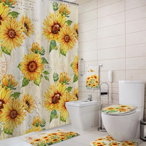 Honoson 8 Pcs Sunflower Shower Curtain Bathroom Set with Rugs, Vintage Floral Bath Decor with Rustic Script Background, Bath Mat Toilet Lid Cover U-Shaped Mat for Farmhouse Housewarming Gifts Decor