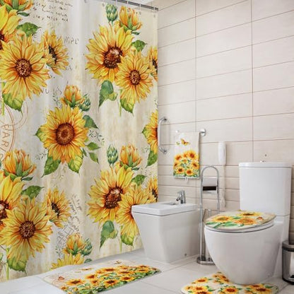 Honoson 8 Pcs Sunflower Shower Curtain Bathroom Set with Rugs, Vintage Floral Bath Decor with Rustic Script Background, Bath Mat Toilet Lid Cover U-Shaped Mat for Farmhouse Housewarming Gifts Decor