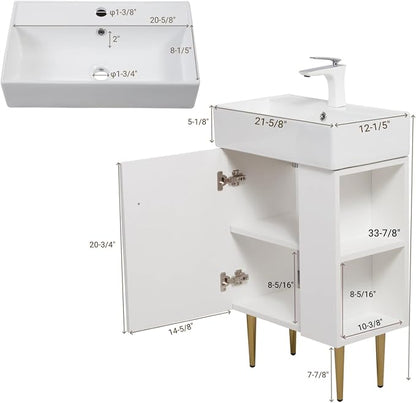 21.6" Freestanding Bathroom Vanity with Ceramic Sink, White | Ceramic Sink, Wave-Pattern Door & Two-Layer Right Open Compartment, Bathroom Storage Cabinet, Easy Installation