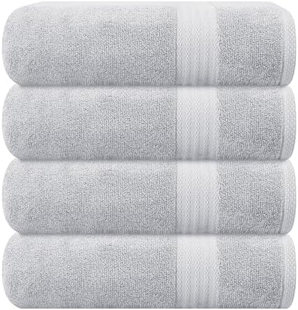 GLAMBURG Premium Cotton 4 Pack Bath Towel Set - 100% Pure Cotton - 4 Bath Towels 27x54 - Ideal for Everyday use - Ultra Soft & Highly Absorbent - Light Grey