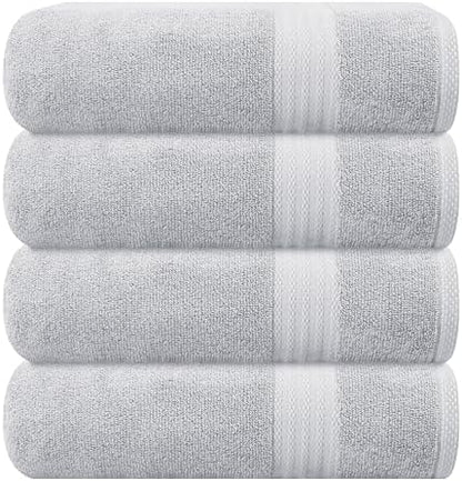 GLAMBURG Premium Cotton 4 Pack Bath Towel Set - 100% Pure Cotton - 4 Bath Towels 27x54 - Ideal for Everyday use - Ultra Soft & Highly Absorbent - Light Grey
