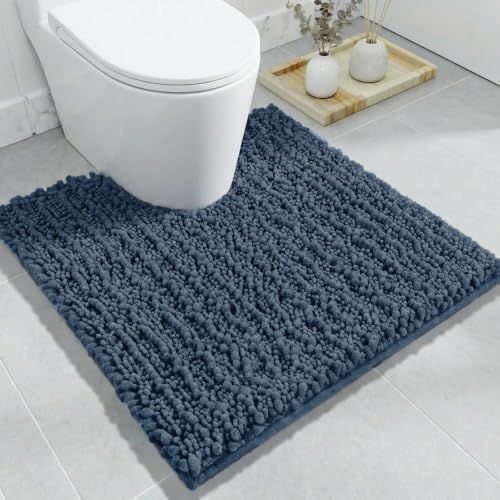 Disolla Toilet Rug 24x24 Inch - Blue U-Shaped Bathroom Floor Mat, Soft Shaggy Plush Absorbent Chenille Contour Rug, Non-Slip Washable Pedestal Base Rug