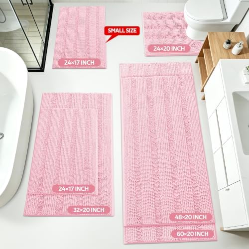 ACCUMTEK Christmas Striped Pink Bathroom Rug Mat Set 2 piece 32"x20"+24"x17" Ultra Soft, Non Slip Chenille Bath Rugs, Absorbent Plush Shaggy Bath Mats for Bathroom, Bedroom, Kitchen, Shower, Tub