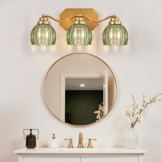 Gold Vanity Light, Vintage Tulip Green Glass Shade, Antique Brass Finish | 3 Light Brushed Gold Bathroom Light Fixtures, Crystal Wall Sconce, Mounted Over Mirror for Bedroom Hallway, Easy to Install