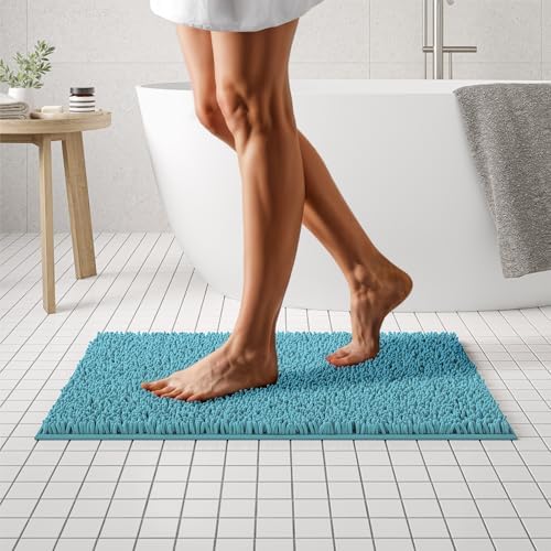 MAYSHINE Plush Shaggy Chenille Bath Mat | Extra Soft, Super Absorbent, Non-Slip Bathroom Rug | Fluffy Microfiber, Area Rug Sets for Bathroom Floor, Kitchen, Living Room | 32"x20" | Maui Blue