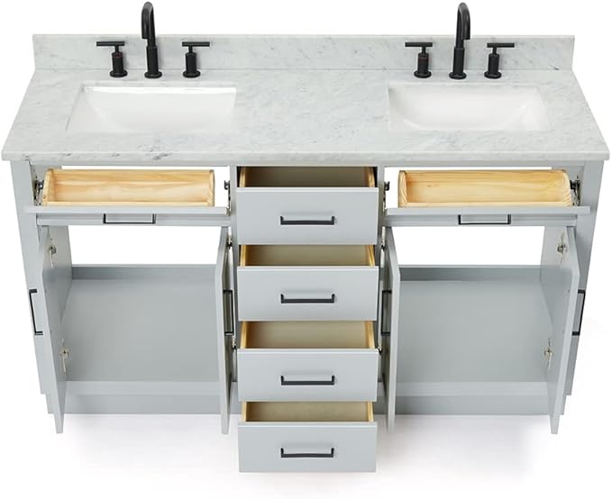 ARIEL Hepburn 60-inch Bathroom Vanity with Sink,Solid Wood, 0.75-inch Italian Carrara Marble Countertop, Double Rectangular Porcelain Sink, 4 Soft Closing Doors, 6 Dovetail Drawers, Grey