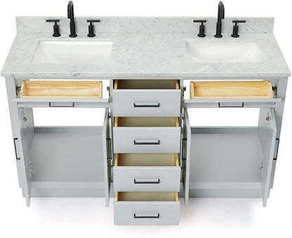 ARIEL Hepburn 60-inch Bathroom Vanity with Sink,Solid Wood, 0.75-inch Italian Carrara Marble Countertop, Double Rectangular Porcelain Sink, 4 Soft Closing Doors, 6 Dovetail Drawers, Grey