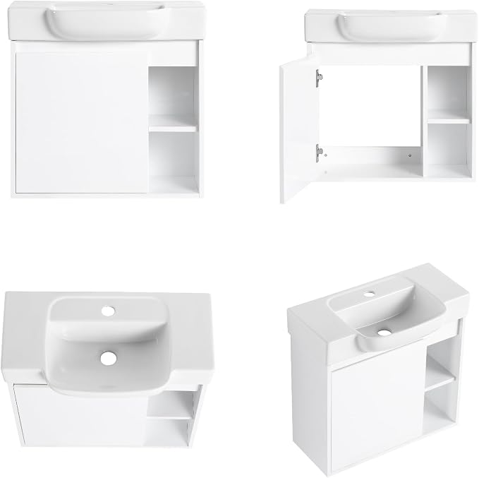 24" Bathroom Vanity with Ceramic Sink, Farmhouse Cabinet, White | Ceramic Sink, Soft-Close Door, Interior Compartment and 2-Tier Open Side Shelves, 45° Inclined Edge Handle