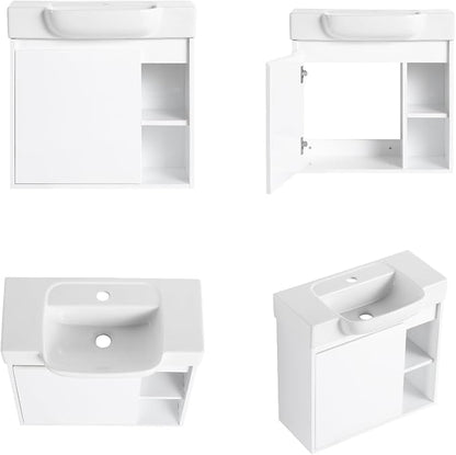 24" Bathroom Vanity with Ceramic Sink, Farmhouse Cabinet, White | Ceramic Sink, Soft-Close Door, Interior Compartment and 2-Tier Open Side Shelves, 45° Inclined Edge Handle