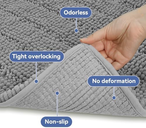 Bcoimo Bath Rug Mat,44x24 Chenille Non Slip Gray Long Bathroom Runner Rugs