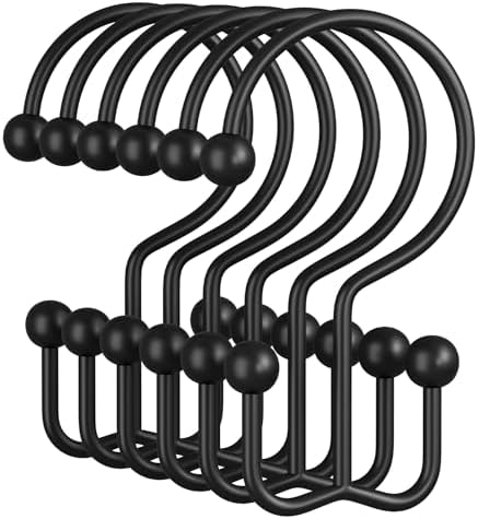 Amazer Black Shower Curtain Hooks, 12PCS Minimalist Simple Double Shower Curtain Rings, Rust-Resistant Metal Shower Hooks Shower Curtain Hangers, Shower Rings for Bathroom Shower Rods Curtains